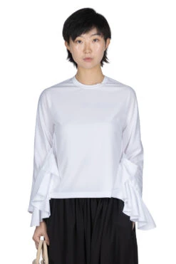 Long Sleeve T-Shirt With Side Ruffles - White