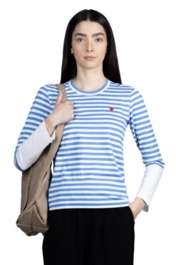 Comme Des Garçons Play Small Red Heart Striped LS T-Shirt - Blue X White
