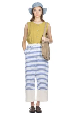 ICHI Panel Stripe Relax Pants - Blue