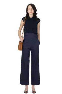 Back String Cotton Flare Trousers - Navy