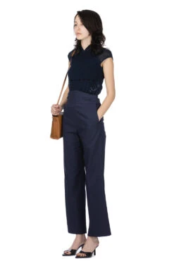 Back String Cotton Flare Trousers - Navy -VogueWard Store Mame Kurogouchi Back String Cotton Flare Trousers Navy MM24SS PT066 NV noe 2008
