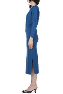 Milano Ribbed Deep V-Neck Dress - Blue -VogueWard Store Mame Kurogouchi Milano Ribbed Deep V Neck Dress Blue MM24SS KN074 BL 2003