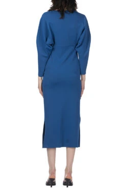 Milano Ribbed Deep V-Neck Dress - Blue -VogueWard Store Mame Kurogouchi Milano Ribbed Deep V Neck Dress Blue MM24SS KN074 BL 2004