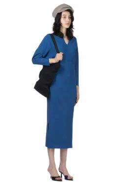 Milano Ribbed Deep V-Neck Dress - Blue -VogueWard Store Mame Kurogouchi Milano Ribbed Deep V Neck Dress Blue MM24SS KN074 BL 2008