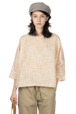 Cotton Ripple Check Fasten Shirt - Camel X White
