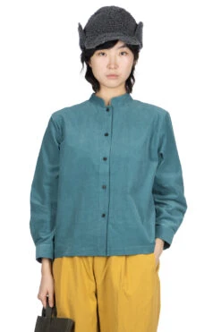 Corduroy Mao Collar Shirt - Blue Green